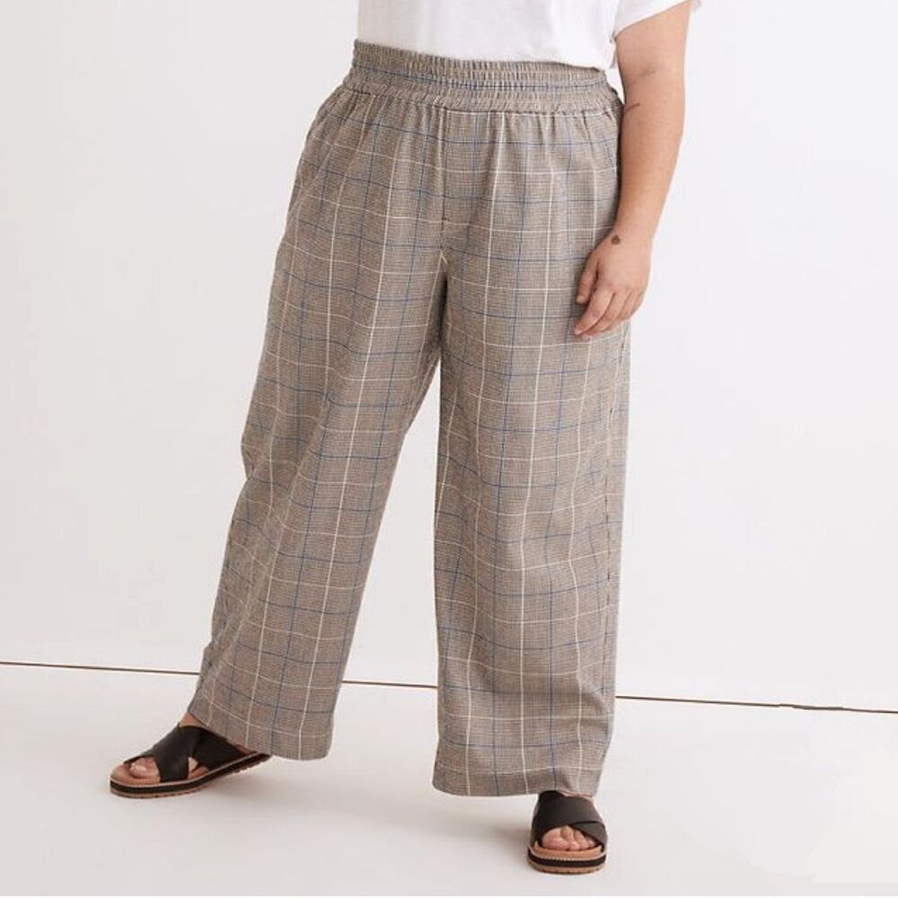 Madewell Carley Pants Plaid Wide Leg Pull On Cream Black Blue Slacks Plus sz 3X